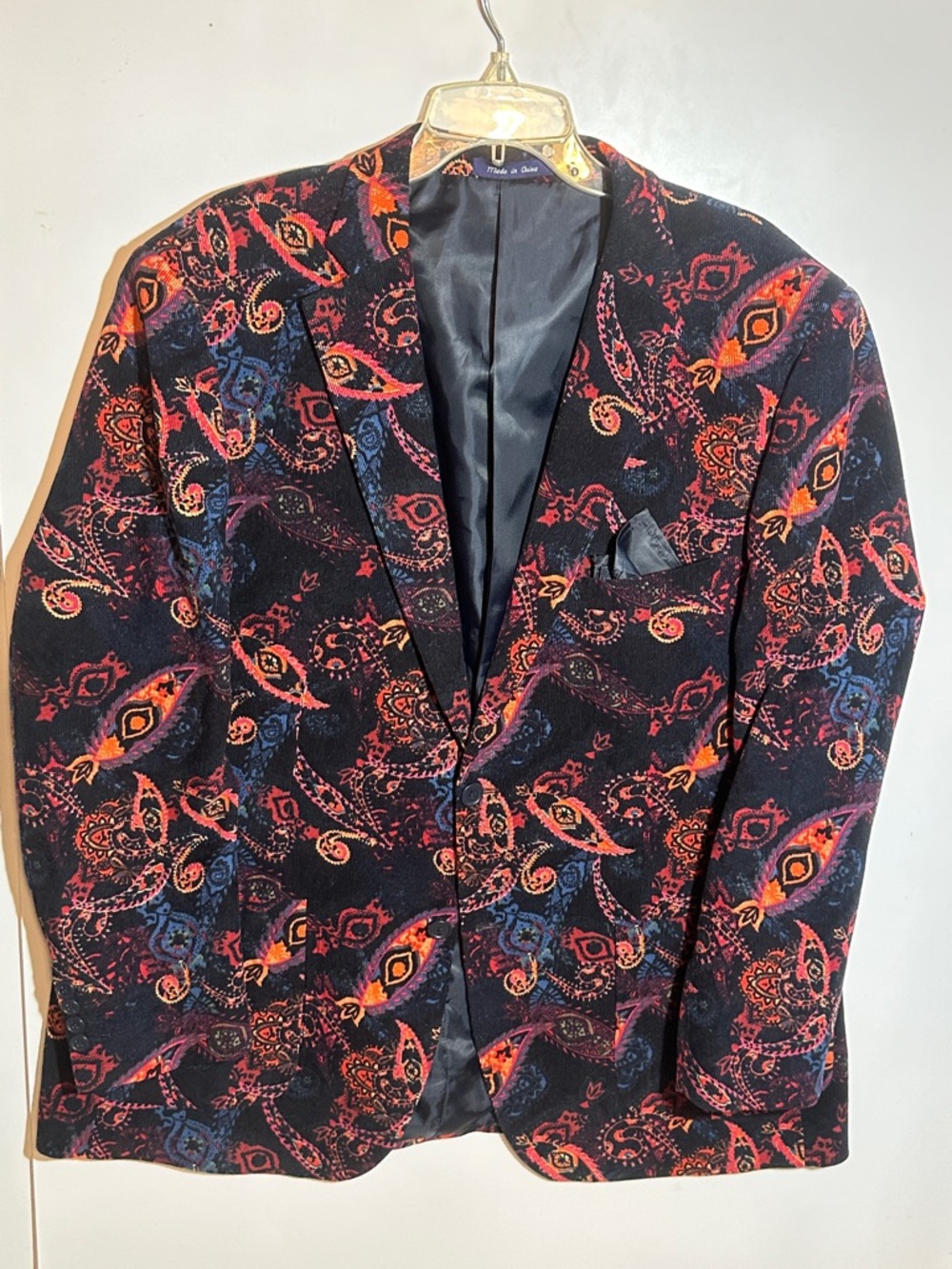 Men's Black Paisley Velvet Blazer with Red & Blue Accents